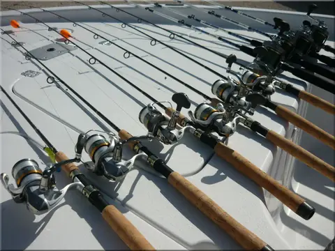 Spinning rods and reels laid out on the boat deck