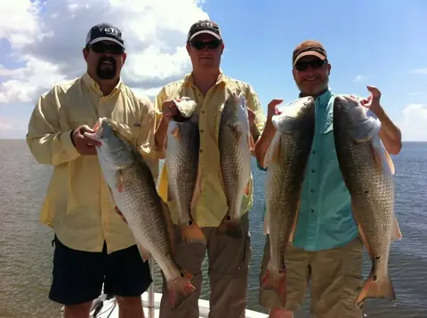 Three anglers holding four redfish between them on the water near Venice, Louisiana