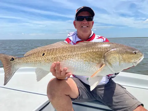 Seated angler holding a redfish on the bow near Venice, Louisiana