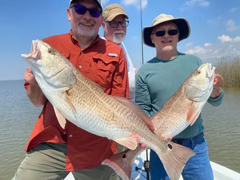 Three anglers on the boat holding two redfish near Venice, Louisiana